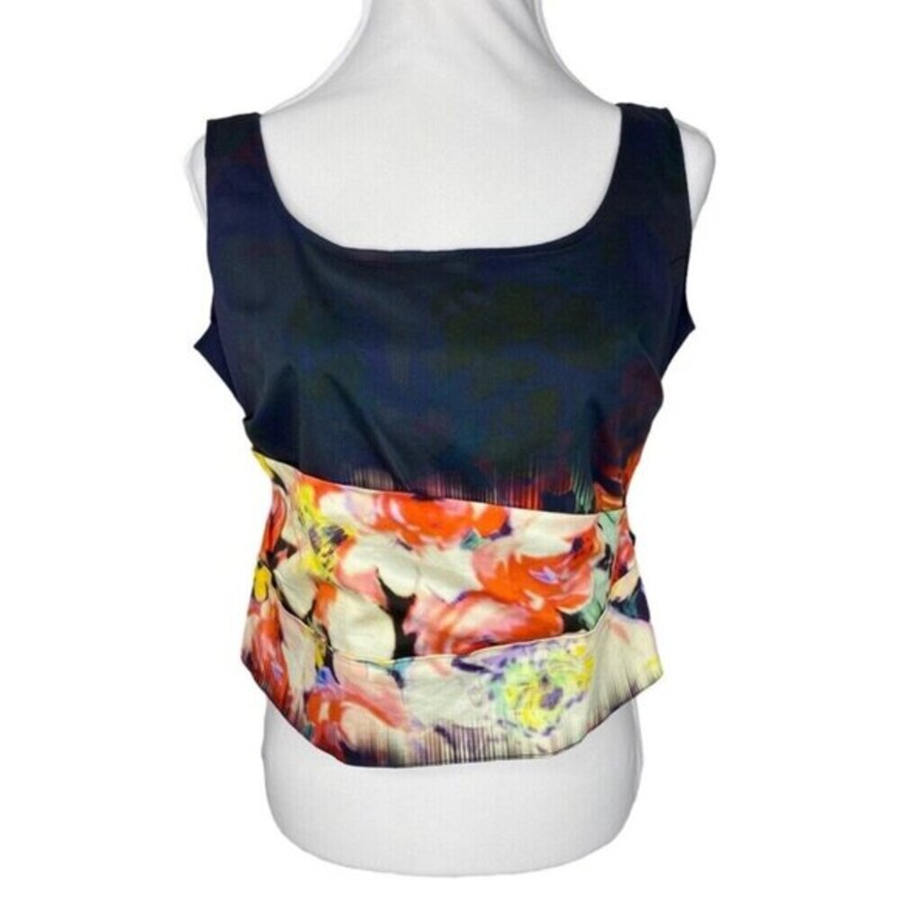 Elie Tahari Womens Navy Blue Floral Print Side Zip Cropped Tank Top Size Large